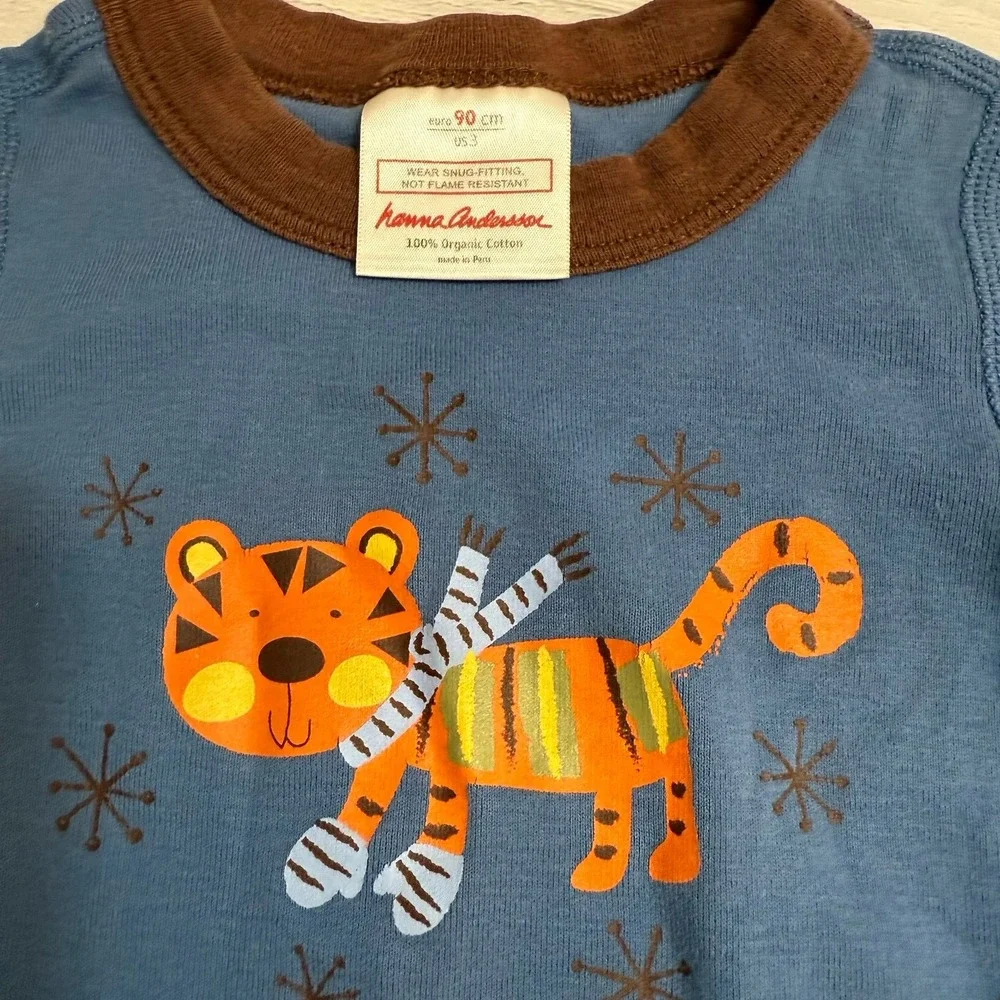 Hanna Andersson kids long John pajamas winter‎ tiger brown blue stripes 90/3